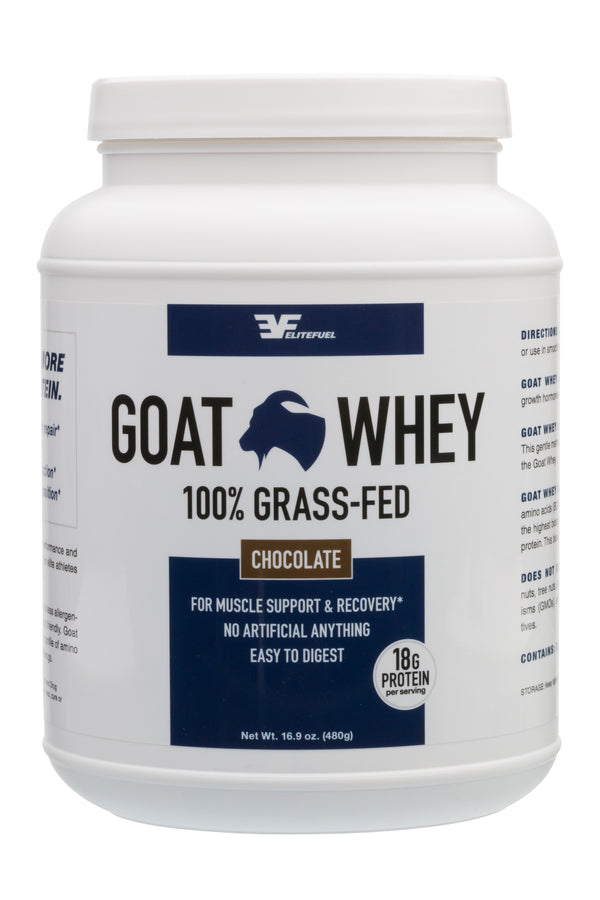 Tub of Elite Fuel Goat Whey Chocolate Protein Powder
