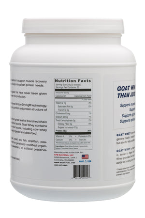 Nutrition Facts Label on Tub of Elite Fuel Goat Whey Protein Powder